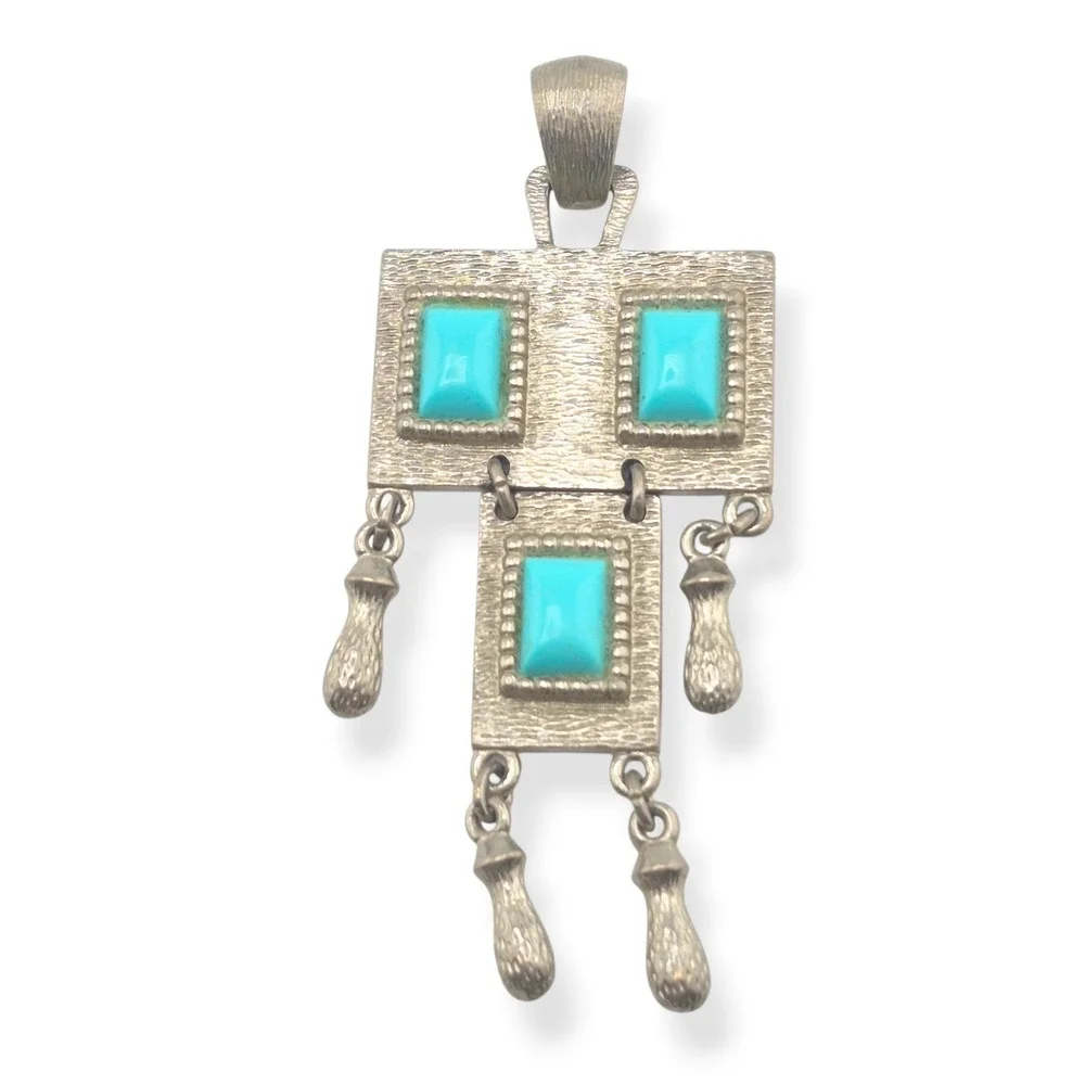 Vintage Sarah Coventry 1971 Folklore Turquoise Silver Tone Pendant Earrings Set